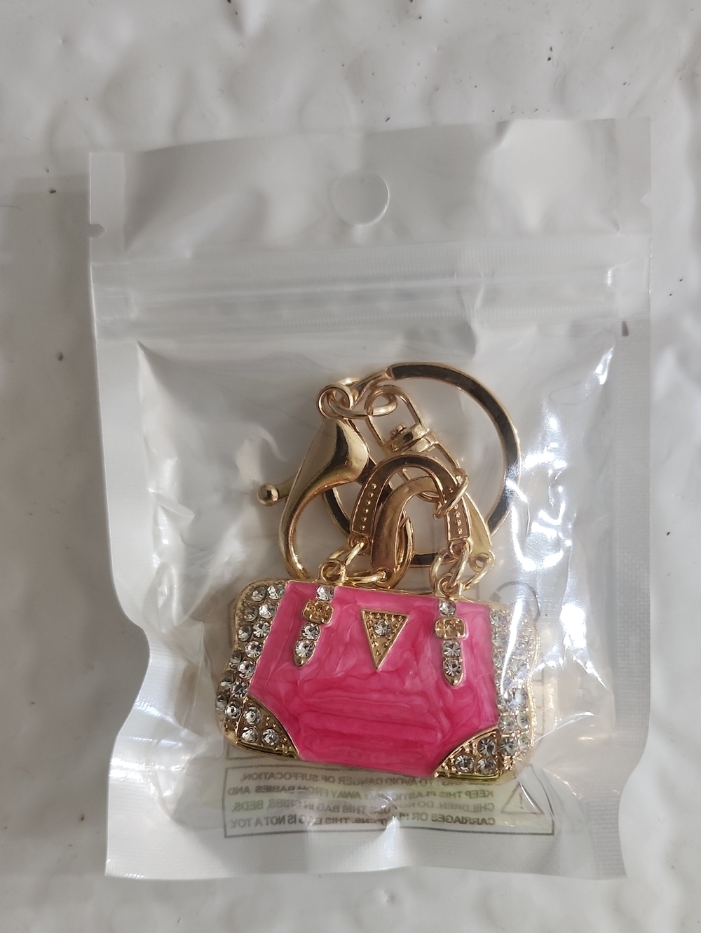Gold-Tone Pink Handbag Keychain Bagcharm with Rhinestones